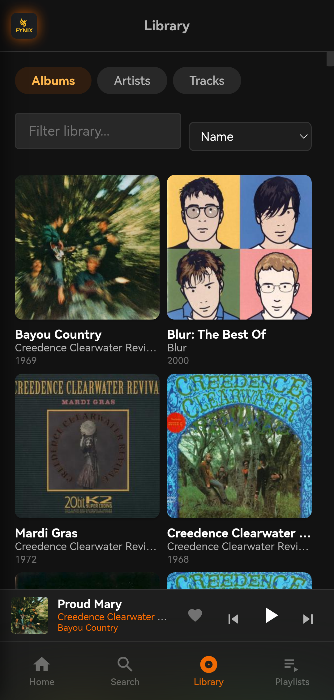 Fynix Player Library view with album grid