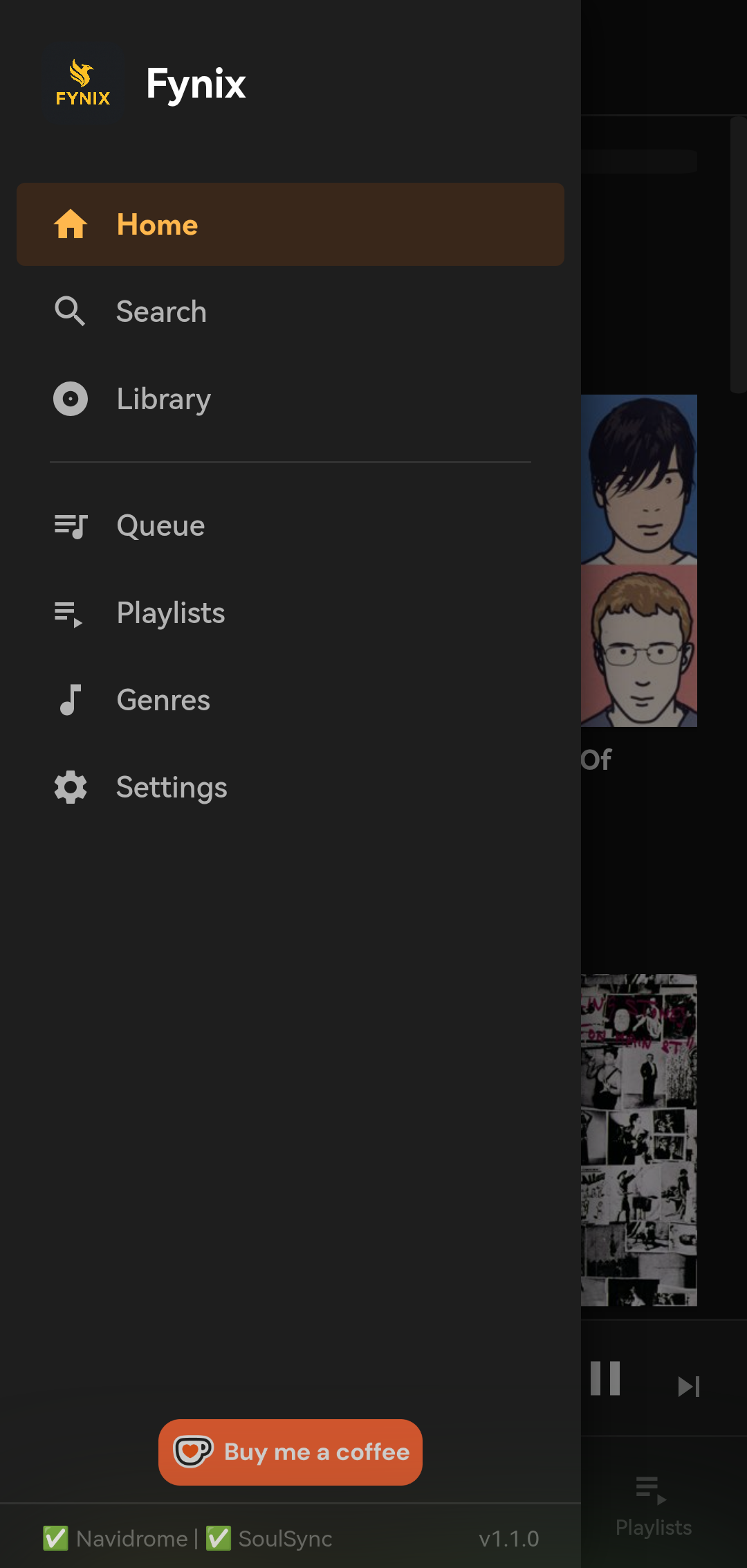 Fynix Player Sidebar navigation