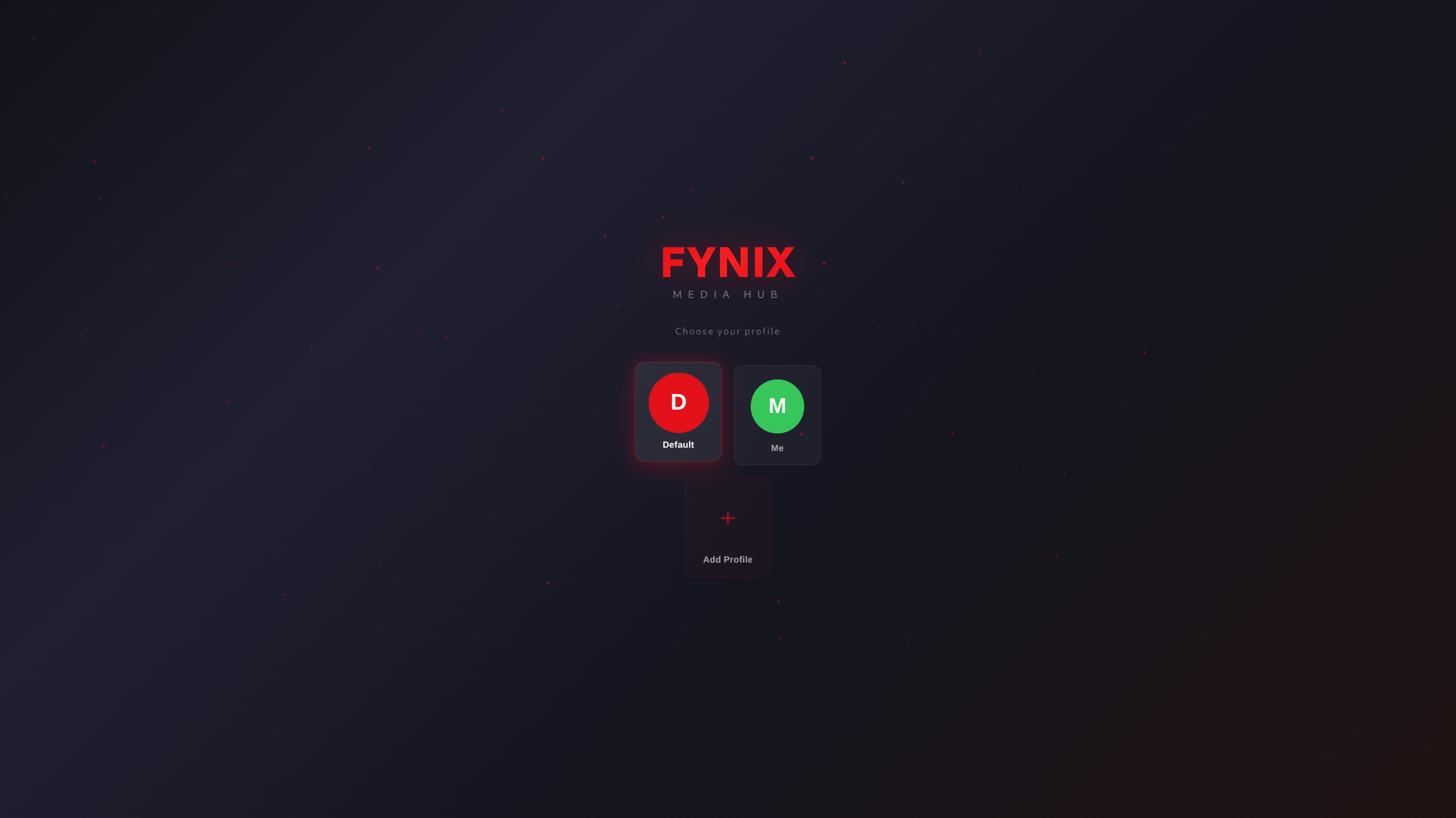 Fynix Hub splash screen with profile picker